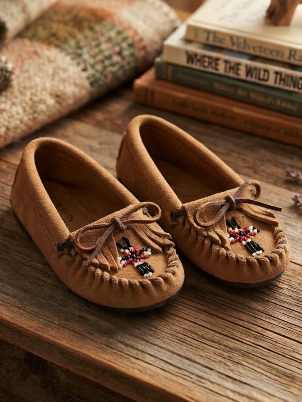 Minnetonka Kids Tan Suede Moccasins with Beaded Accent